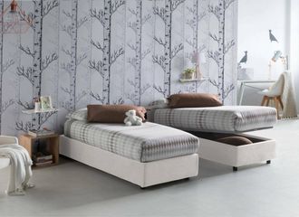 Talamo Italia Cama Individual Sophia, Cama Contenedor Con Revestimiento De Tela, 100% Made In Italy, Apertura Frontal, Con Colch&oacute;n Cm 90x190 Incluido, Blanco, Con E