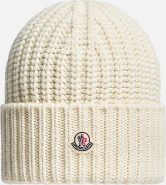 Moncler Off White Ribbed Texture Logo Beanie Hat