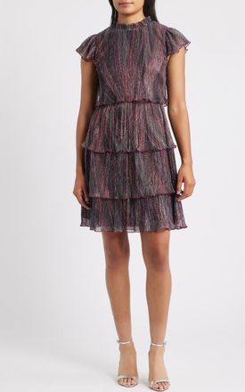 Vince Camuto Metallic Crinkle Tiered Dress in Burgundy Multi at Nordstrom, Size 12