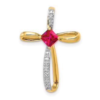 Diamond2Deal 14k Yellow Gold 4mm Square Lab Created Ruby and Diamond Cross Slide Pendant