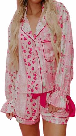 Impression Satin Tie Two-Piece Pajama Set In Pink