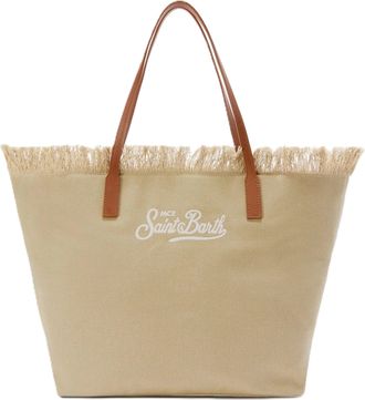 MC2 Saint Barth Fringed Beige Canvas Tote Bag with Leather Accents