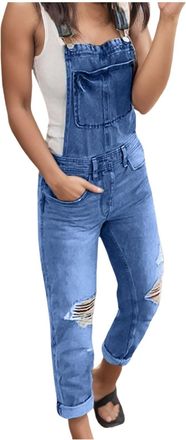 Generic Denim Jumpsuits for Women Adjustable Straps Straight Leg Stretch Loose Fit Dungarees Bib Overalls Trendy Casual Baggy Distressed Jeans Pants