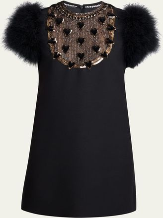 Valentino Garavani Embroidered Bib Feather-Sleeve Mini Dress