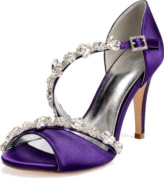 Generic Wedding Bridal Shoes Womens Heels Ankle Strap High Heels Heeled Open Toe Satin Bridal Stiletto Sandals 10.5Cm,Dark Purple,7 UK
