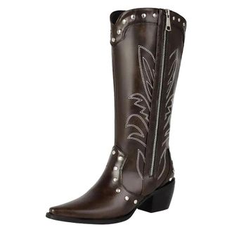 Generic Womens Western Mid Calf Boots Square Toe High Thick Heel Zipper Closure With Embroidery And Rivet Details