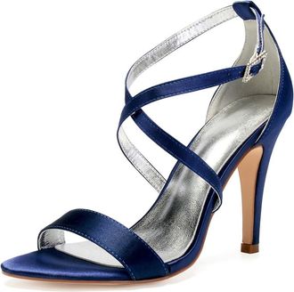 Generic Wedding Bridal Shoes Womens Stiletto Heels Sandals Sexy Open Toe Bridal Satin Wedding Party Dressy Heels Shoes 10.5Cm,Dark Blue,4 UK