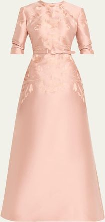 Reem Acra Embroidered Mikado Silk 3/4-Sleeve Gown With Belt