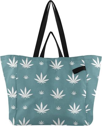 Generic Leaves Teal pattern Reusable Canvas Tote Bag, Heavy Duty Grocery Shopping Bag with Double Handles Hard Bottom Large Capacity Work Groceries Travel