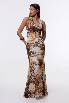 Karen Millen Womens Sheer Viscose Georgette Sketchy Animal Deep V Woven Halter Neck Dress - Size 12 UK
