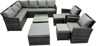 Fimous 11 Seat Poly Rattan Outdoor Patio Coffee Table Corner Sofa Set with 3 Stools 2 Chairs for Garden Backyard Dark Grey Mixed - Fimous