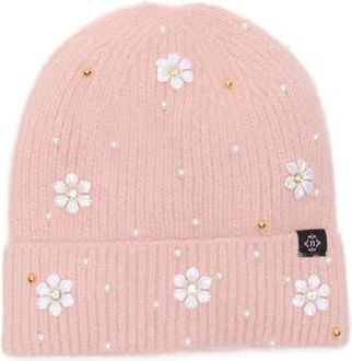 Nanette Lepore Faux Pearl Flower & Bead Knit Cuffed Beanie in Pink at Nordstrom Rack