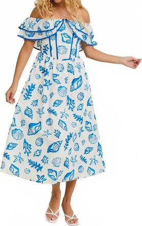 Le Lis Blanc Deux Shelly Off Shoulder Midi Dress In White/ Blue