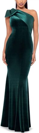 Aqua One-Shoulder Velvet Evening Gown In Hunter Green