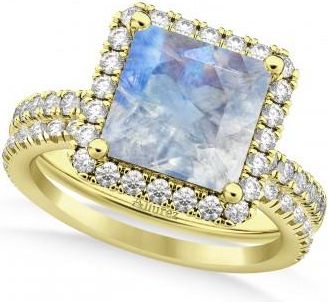 Allurez Moonstone & Diamonds Princess-Cut Halo Bridal Set 14K Yellow Gold (3.74ct)