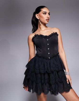 Asos bandeau corset mini dress with broderie tiered skirt in black