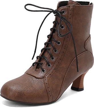 Generic Womens Victorian Style Ankle Boots Chunky Low Mid Heel Round Toe Lace-Up Front Faux Leather Short Booties for Cocktail Party Bridal Reception,Coffee,6
