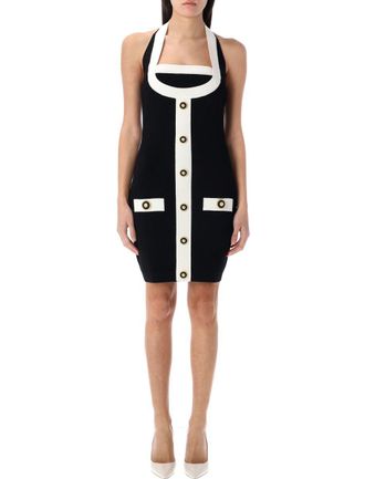 Balmain Two-Tone Halterneck Knit Mini Dress