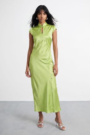 Warehouse Womens Satin Jacquard Wrap Detail Midi Dress - Green - Size 10 UK