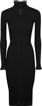 Elisabetta Franchi Fitted Ribbed Midi Dress with Ruffle Details