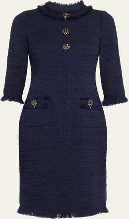 Teri Jon Fringe-Trim Stretch Boucle Dress