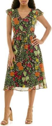Nina Leonard V-Neck Sleeveless Fit & Flare Dress in Black/Green Multi at Nordstrom Rack, Size X-Large