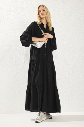 Trendyol Modest Dames Zwart Etnisch patroon Maxi Lang Casual A-lijn Modest Jurken