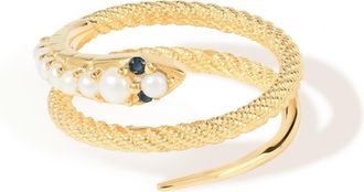 Tiramisu 14K Gold Plated Over 925 Sterling Silver Snake Coil Pearl & Black Stone Eyes Ring