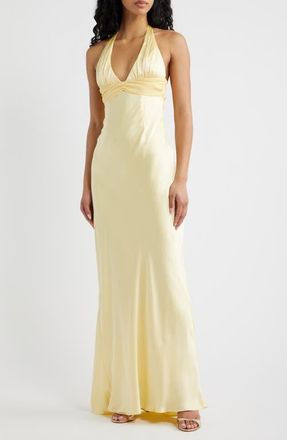 Princess Polly Odyssa Satin Halter Gown in Yellow at Nordstrom, Size 4