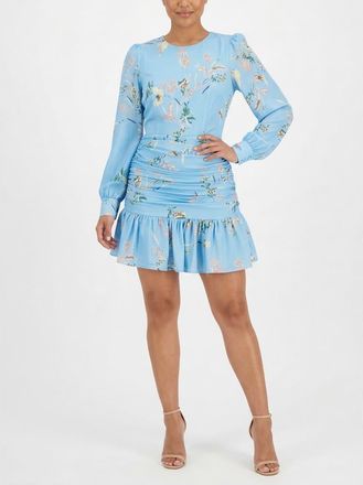 Rachel Roy Blair Long Sleeve Ruched Mini Dress in Sky Blossom at Nordstrom, Size 10