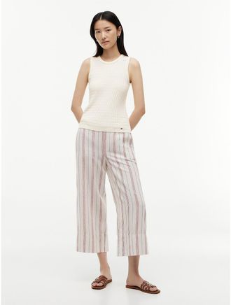 Tommy Hilfiger Womens Stripe Linen-Blend Cropped Wide Leg Pant - White - XXL