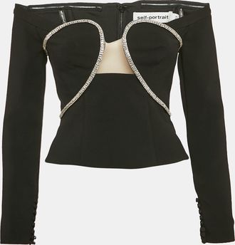 Self Portrait Black Stud Embellished Crepe Off-Shoulder Top