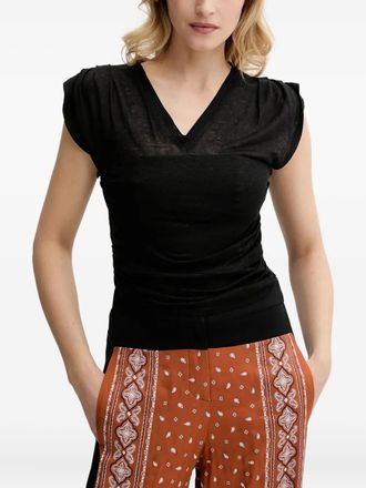 Pinko V-neck puff-sleeve top - women - Linen/Flax - 40 - Black