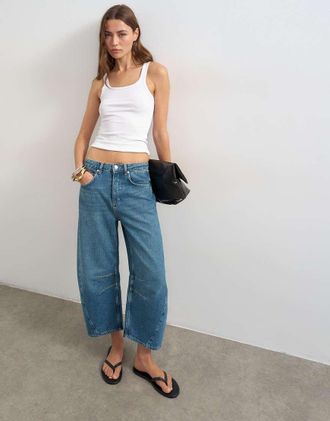 Topshop Jeans cropped bombati a vita medio alta blu intenso