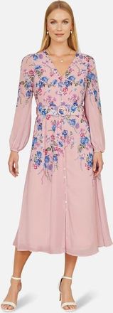 Yumi Belted Floral Midi Dress in Pink at Nordstrom, Size 12