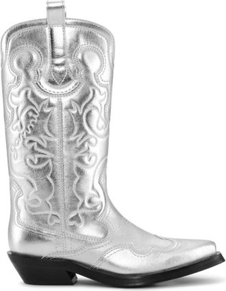 Ganni Zilverkleurige Metallic Geborduurde Slip-On Laarzen - Dames - Cowboylaarzen - Grijs - 36 EU - Leer - Schoenen
