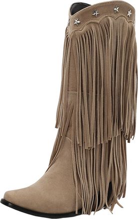 Generic Khaki Womens Ankle Boots with Western Tassel, Chunky Heel, Suitable for Cool Climate and Stylish Looks