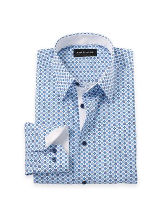 Paul Fredrick Tailored Fit Non-iron Cotton Geometric Dress Shirt With Contrast Trim