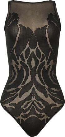 Wolford Tops, Dames, Zwart, XS, Katoen, Sheer-matt Rose Patroon Rechte Hals Bodysuit