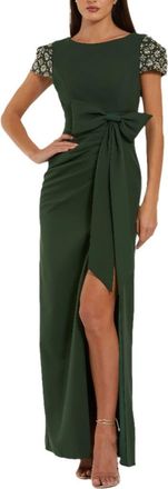Mac Duggal Beaded Cap Sleeve Crepe Gown With Bow and slit in Forest Green at Nordstrom, Size 16