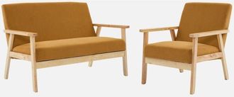 Sweeek Sofá de 2 plazas y sillón de pana con patas de madera, Isak pana, Mostaza, 231x97x75 cm