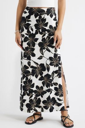 Open Edit Linen Blend Column Maxi Skirt in White- Black Trop Bloom at Nordstrom, Size Xx-Small