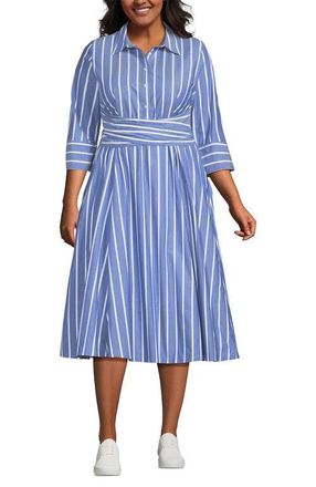Lands End Plus Size Poplin Midi Wrap Front Dress in Sapphire Gem Blue Broad Stripe at Nordstrom, Size 20 W