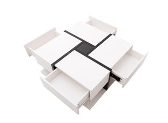 STILVORA Mesa De Centro Cuadrada Con 4 Cajones Y Estante, Dise&ntilde;o De L&iacute;neas, Blanco Brillo, En Tablero De Part&iacute;culas, Blanco, 78&times;78&times;36 Cm
