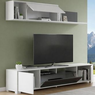 Dmora Dmora - Mueble Alto Gruf, Conjunto De Sal&oacute;n Con Soporte Tv, Mueble De Sal&oacute;n Polivalente, 200x41h180 Cm, Blanco Y Antracita