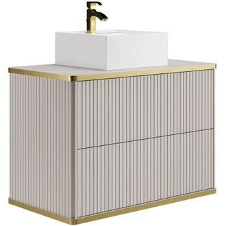 Vente-Unique Mobile per bagno sospeso con scanalature con profilo dorato lavabo da appoggio quadrato 80 cm Beige - KELIZA