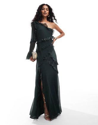 Asos one shoulder bias cut ruffle satin chiffon mix maxi dress in forest green