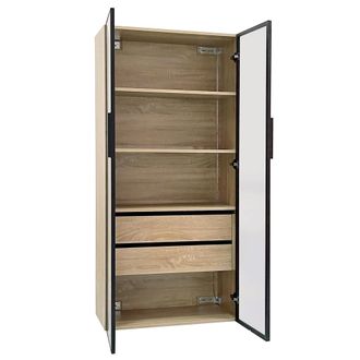 STILVORA Armario De Bano Juego De 2 Con 2 Puertas De Vidrio Esmerilado 2 Cajones Led Y Estantes Abiertos En Mdf Natural