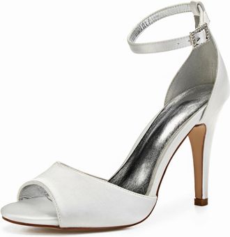 Generic Wedding Shoes Womens Heels High Heels Satin Bridal Shoes Stiletto Ankle Strap Open Toe High Heels Sandals10.5 Cm,Ivory,5 UK
