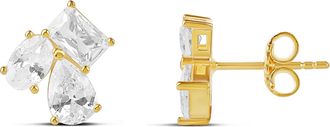 SHYMI Multi Shape 3 Stone Stud Earrings -.925 Sterling Silver, 14K Gold-Plated, Cubic Zirconia Detailing, Day to Night